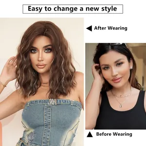 Detail showing the before and after transformation with a shoulder-length wavy brown wig