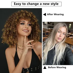 Short afro curly synthetic wig in ombre honey blonde with bangs before and after look