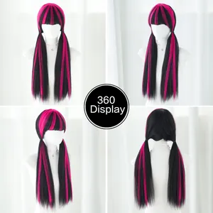 360-degree view of long straight black and pink striped cosplay wig with neat bangs