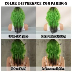 Detail comparison of neon green and black wolf cut wig under four lighting conditions