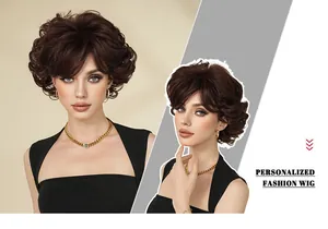 Detail view of brown pixie cut wig with layered synthetic curls and natural luster finish