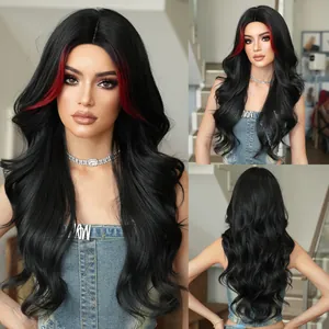 Women Long Wavy Synthetic Wig Middle Part Black Red Highlights Heat Resistant Fiber Natural Looking Hair Wig For Party Daily Use