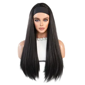 Perruque bandeau noire longue et lisse pour femme avec un bandeau noir large et minimaliste
