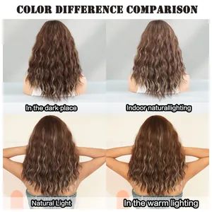 Brown wavy wig with blonde highlights showing color variations in four lighting conditions