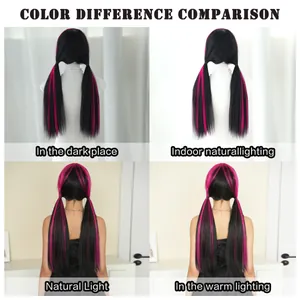 Color difference comparison of black and pink long straight cosplay wig in four lightings