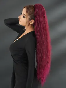 Close-up of 36-inch wavy burgundy ponytail extension showing hair texture and shine