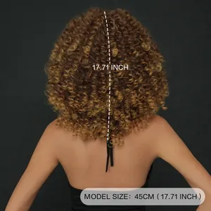 Short kinky curly honey brown synthetic wig for women showing 17.71 inch back view length