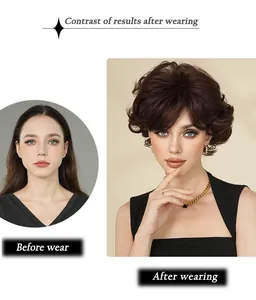 Short curly dark brown wig before and after transformation on female model