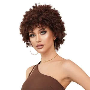 Kurze dunkelbraune Afro-Lockenperücke für schwarze Frauen mit Spring Curls und Pony-Frisur