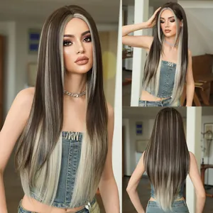 Fashion Long Straight Synthetic Wig For Women Middle Part Brown With Blonde Highlights Heat Resistant Fiber Hair Wig
