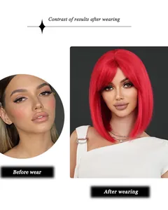 Confronto prima e dopo di una parrucca a caschetto corto rosso vibrante con frangetta alla moda