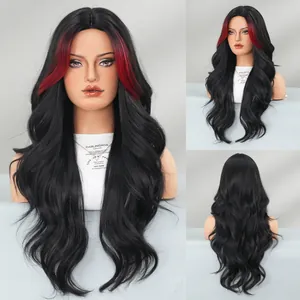 Long wavy black synthetic wig with red highlights and middle part shown from multiple angles