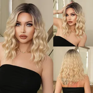 Shoulder-length wavy natural brown wig with blonde highlights and side bangs for women