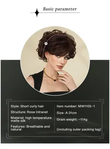 Detailed view of dark brown short curly pixie wig with breathable rose net construction