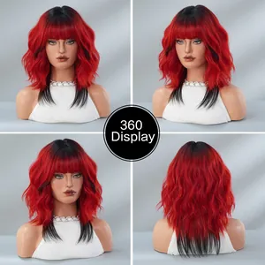 360-degree view of red and black ombre bob wig with curls and bangs for party cosplay
