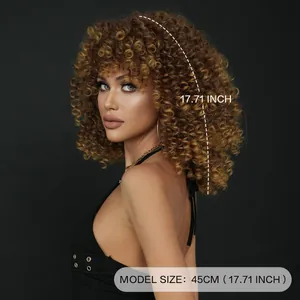 Short kinky curly afro wig with honey blonde highlights and bangs 45cm length