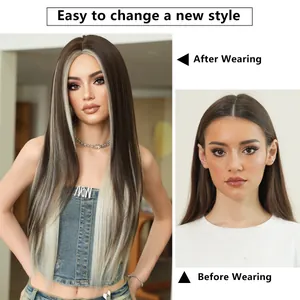 Long straight brown wig with blonde highlights and center part before and after wear