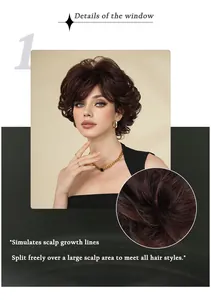 Detailed close-up of dark brown short wavy wig showing natural bionic scalp and parting line