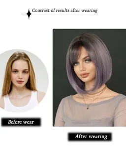 Vergleich der Verwandlung vor und nach dem Tragen der lila Ombre-Bob-Perücke für Damen