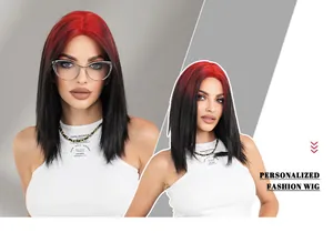Detail of red and black gradient ombre shoulder-length straight hair wig on a model