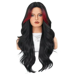 Long wavy black wig with red highlights and middle part on a mannequin head