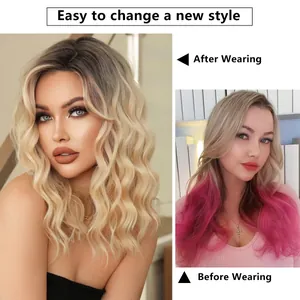 Detail view showing natural brown wavy wig transition from before to after new hairstyle