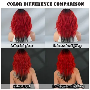 Detail view of red and black gradient wavy wig under four different lighting conditions