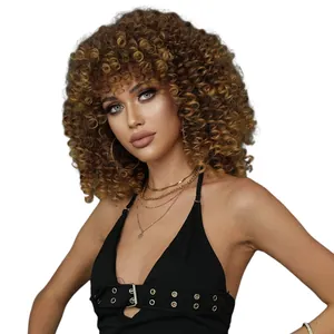 Short kinky curly afro wig for black women with ombre honey blonde synthetic fiber