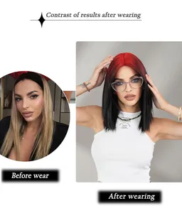 Detailed comparison showing before and after effect of red and black ombre straight wig
