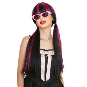 Long straight black Halloween wig with magenta highlights, twin tails and neat bangs