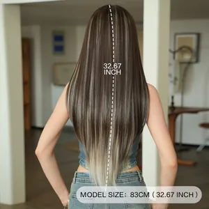 Long straight brown wig with blonde highlights and V-shaped layers, 83cm length