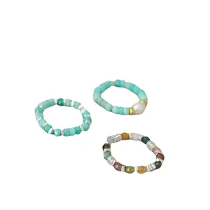 Three-piece stretch beaded ring set with turquoise amazonite and colorful tourmaline stones