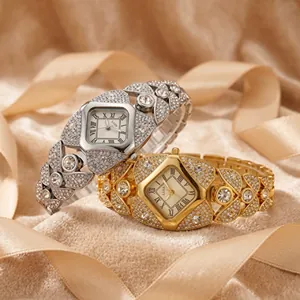 Detailed comparison of luxury gold and silver square watches with rhinestone encrusting