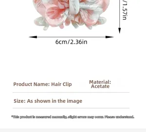 Detailed size view of the 6cm pink acetate floral bow hair claw clip with measurements