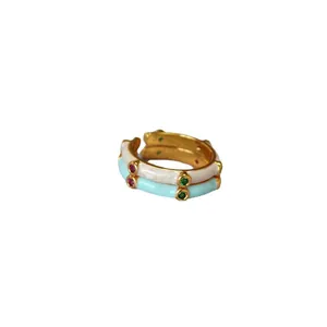 Bamboo style enamel stackable ring set with colorful zircons and gold wave texture