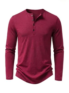 Close-up of wine red long sleeve Henley shirt featuring buttoned collar and cotton texture