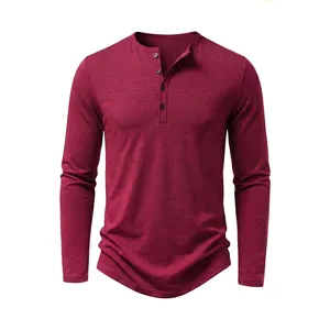 Men's casual long sleeve Henley shirt in deep burgundy with three-button neckline