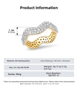 Detailed size chart for S925 sterling silver wavy ring with zircon stones and dimensions