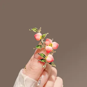 Elegant Zinc Alloy Pink Peach Fruit Branch Brooch Pin With Green Leaves Drip Glue Design For Women Fashion Clothing Jewelry Accessories