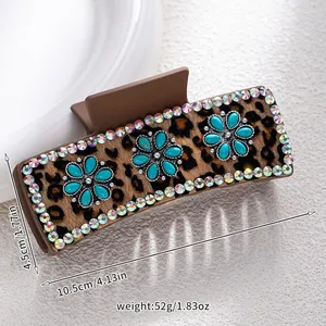Detail showing dimensions of leopard print hair claw with turquoise stones and rhinestones