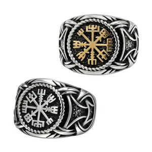 Vintage Viking Compass Ring For Men Titanium Steel Nordic Rune Vegvisir Celtic Knot Ring Retro Punk Biker Jewelry Gift