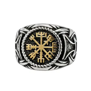 Retro Viking compass ring for men in silver and gold steel finish with intricate rope texture