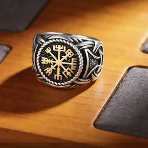 Retro Viking Vegvisir compass ring in silver and gold stainless steel finish