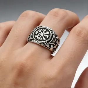 Vintage Viking compass ring in antique silver with Celtic weave patterns for men