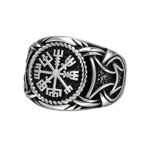 Retro Viking Vegvisir compass signet ring for men made of durable stainless steel