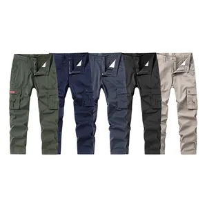 Flat lay of men's multi-pocket cargo pants in five colors with button flap side pockets