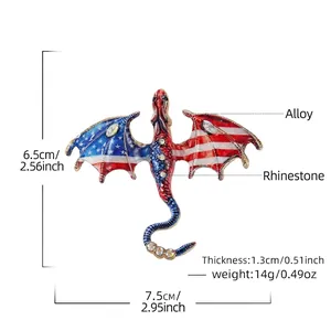 Vintage dragon brooch with American flag pattern wings, rhinestones and drip oil finish