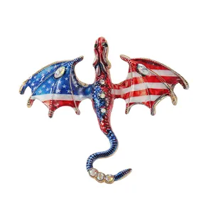 Elegant vintage flying dragon brooch with American flag pattern and sparkling rhinestones