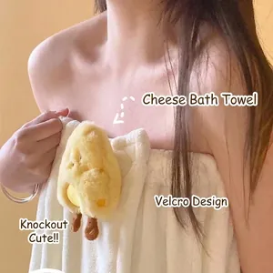 Soft beige wearable coral fleece bath towel with cute chick doll and velcro closure