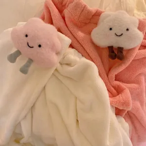 Soft coral fleece wearable bath towel in cream white and pink with cute cloud plush